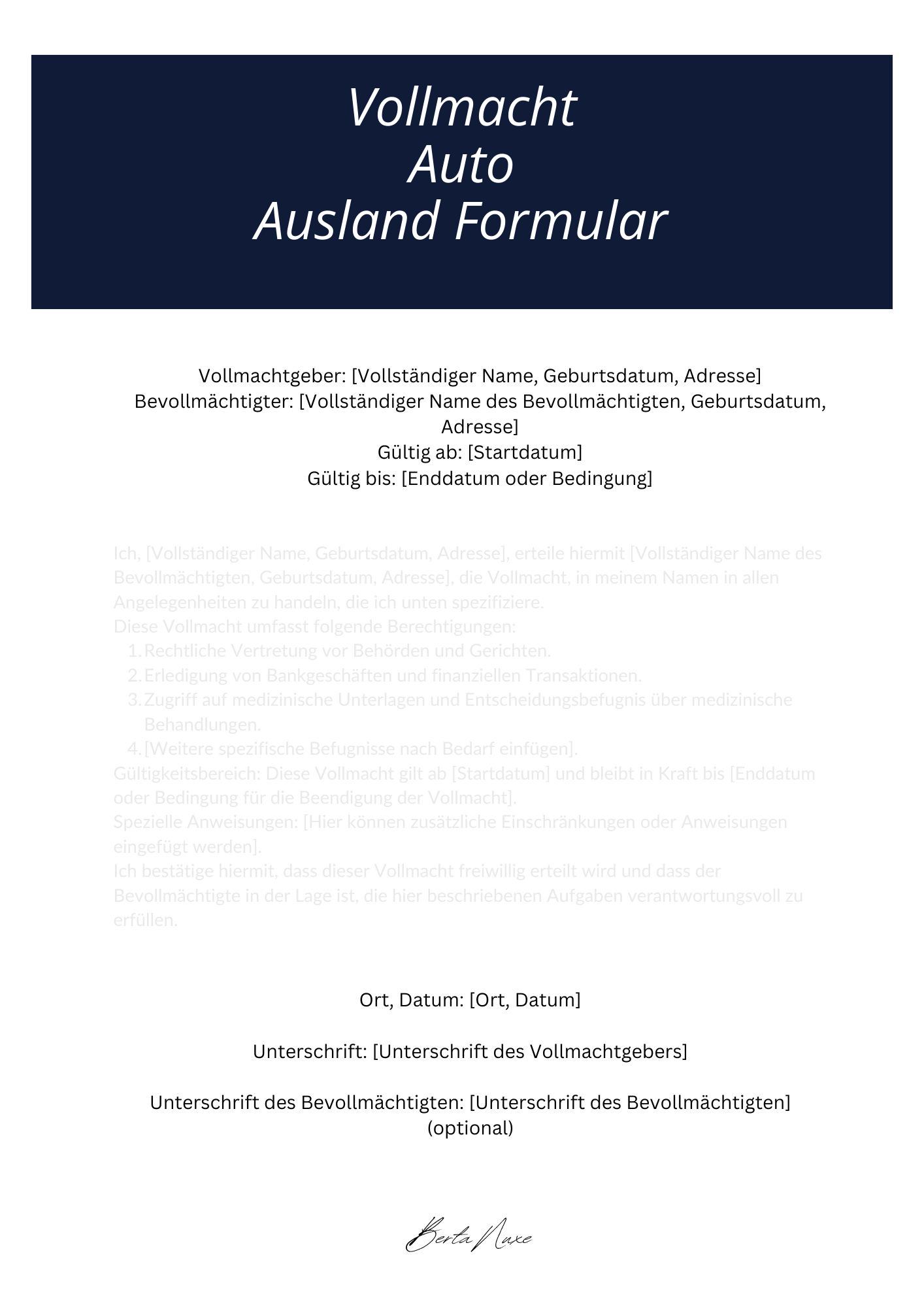 Vollmacht Auto Ausland Formular